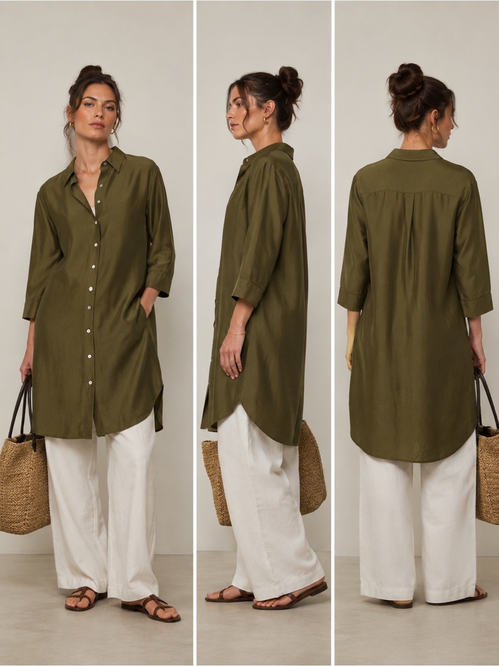 SilkLand Olive Green 100% Silk Long Tunic Shirt Dress Minimalist Luxe S